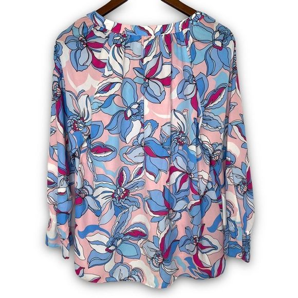 Pappagallo Women's Multicolor Island Blue Floral Raglan Long Sleeve Blouse Small - Picture 2 of 14